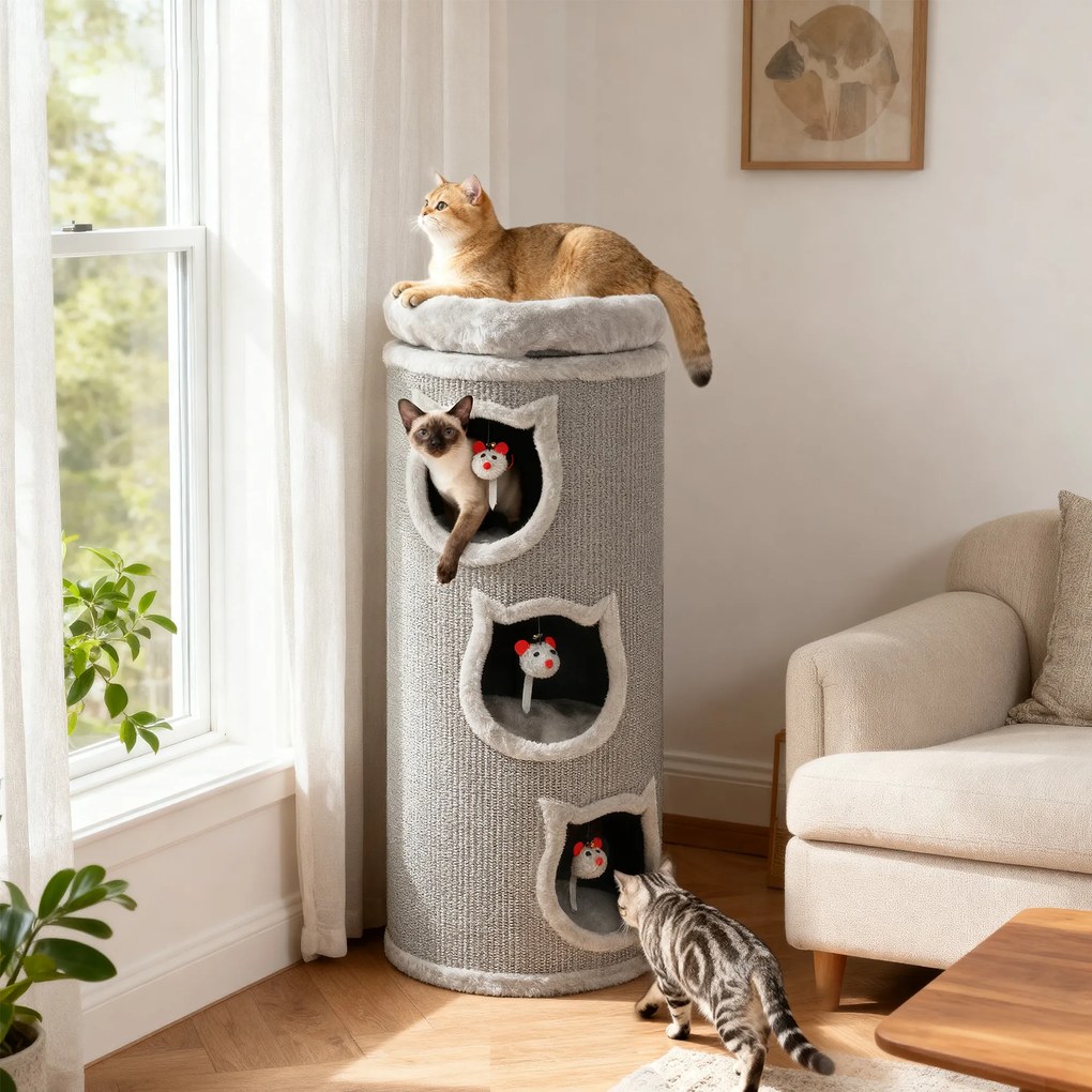 PawHut Beczka do drapania dla kotów, 96 cm, 4-poziomowa wieża dla kotów z możliwym do prania łóżkiem, 3 sypialnie, wiszące zabawki, dla wielu kotów Szary