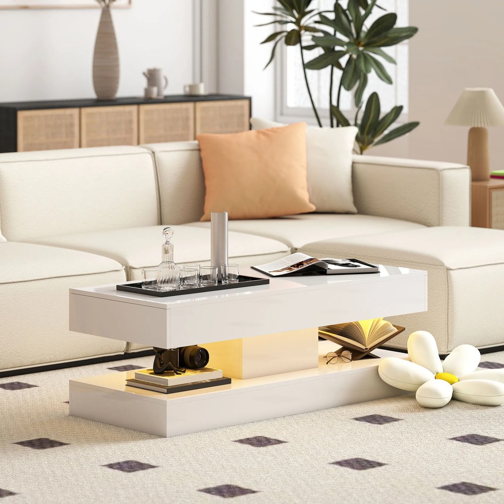 HOMCOM Stół do salonu z szufladami i lampkami LED, nowoczesny stół do kanapy z otwartą półką, stół kawowy, płyta wiórowa, Biały