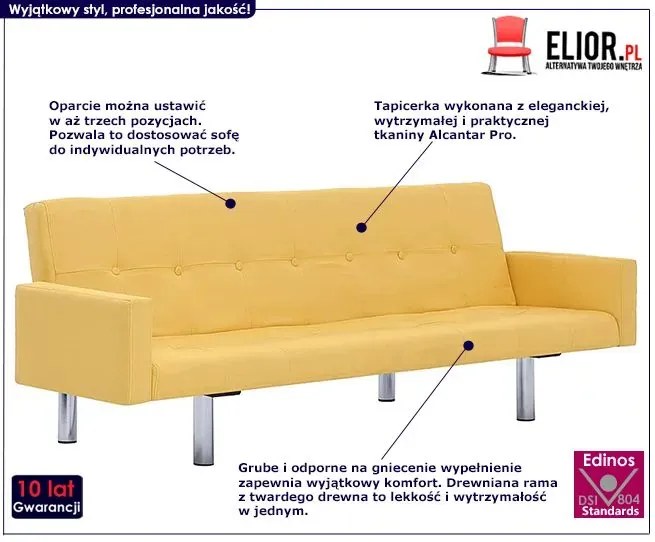 Rozkładana sofa Nesma z podłokietnikami - żółta