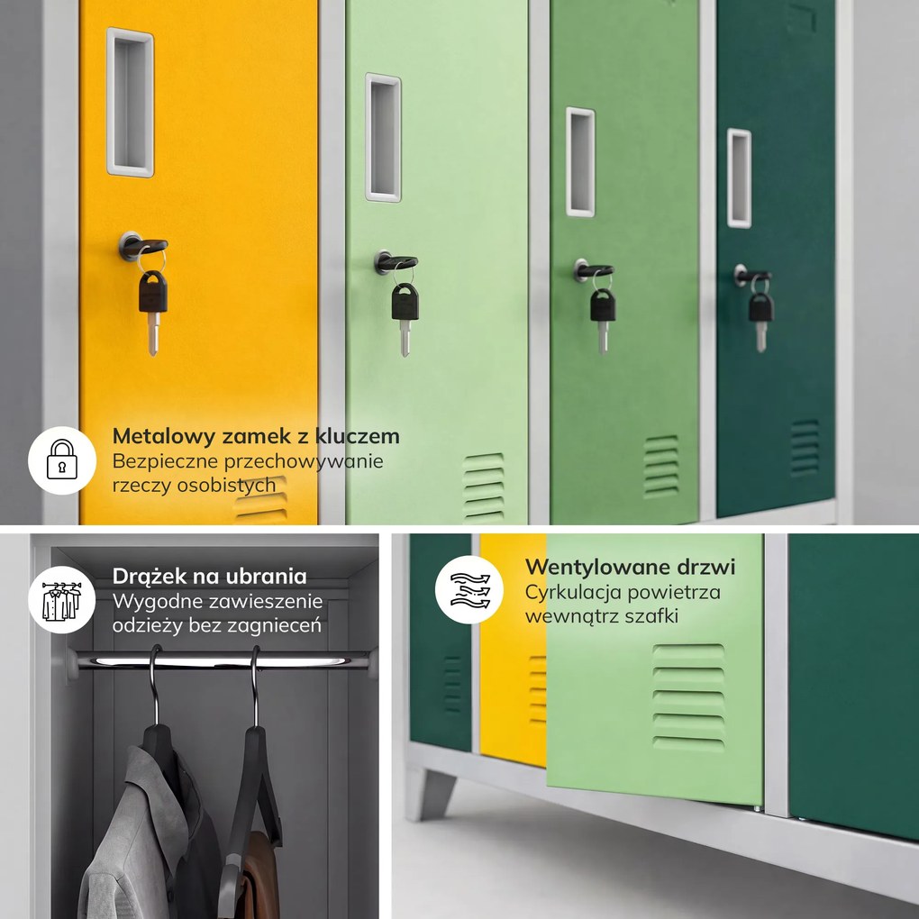 Szafa BHP ubraniowa 10-drzwiowa szaro-zielono-żółta: BARTEK 1360 x 1720 x 450 mm