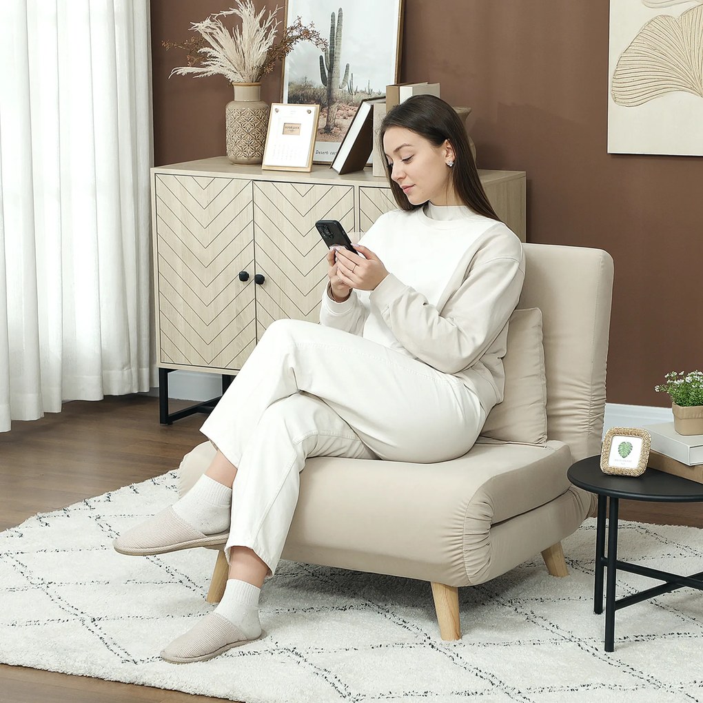 HOMCOM Rozkładany Fotel z Funkcją Spania, Fotel Relaksacyjny w Wyglądzie Aksamitu, Regulowane Oparcie, do 120 kg, Beżowy