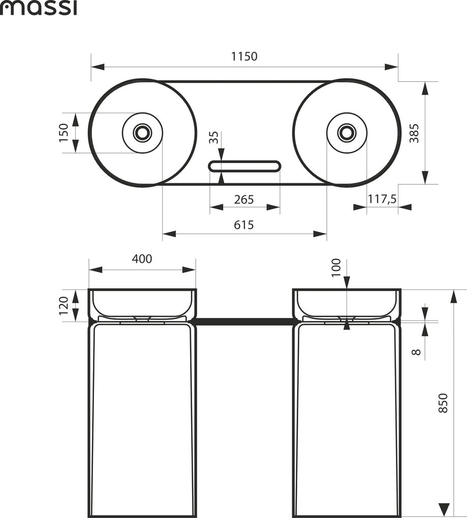 Dwie umywalki z konglomeratu wolnostojące 85 x 40 cm RONA połączone półką szklaną z otworem na ręcznik | Różne kolory półki : Kolor szklanej półki - Zielony, Kolor umywalki RONA - Szary połysk, Podłączenie syfonu - Do podłogi