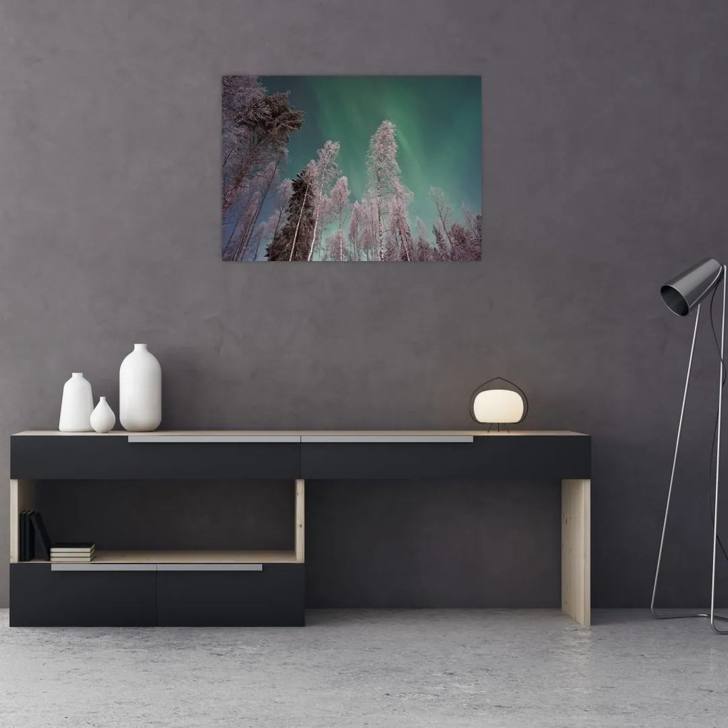 Obraz na szkle zorzy polarnej nad zamarzniętymi drzewami (70x50 cm)
