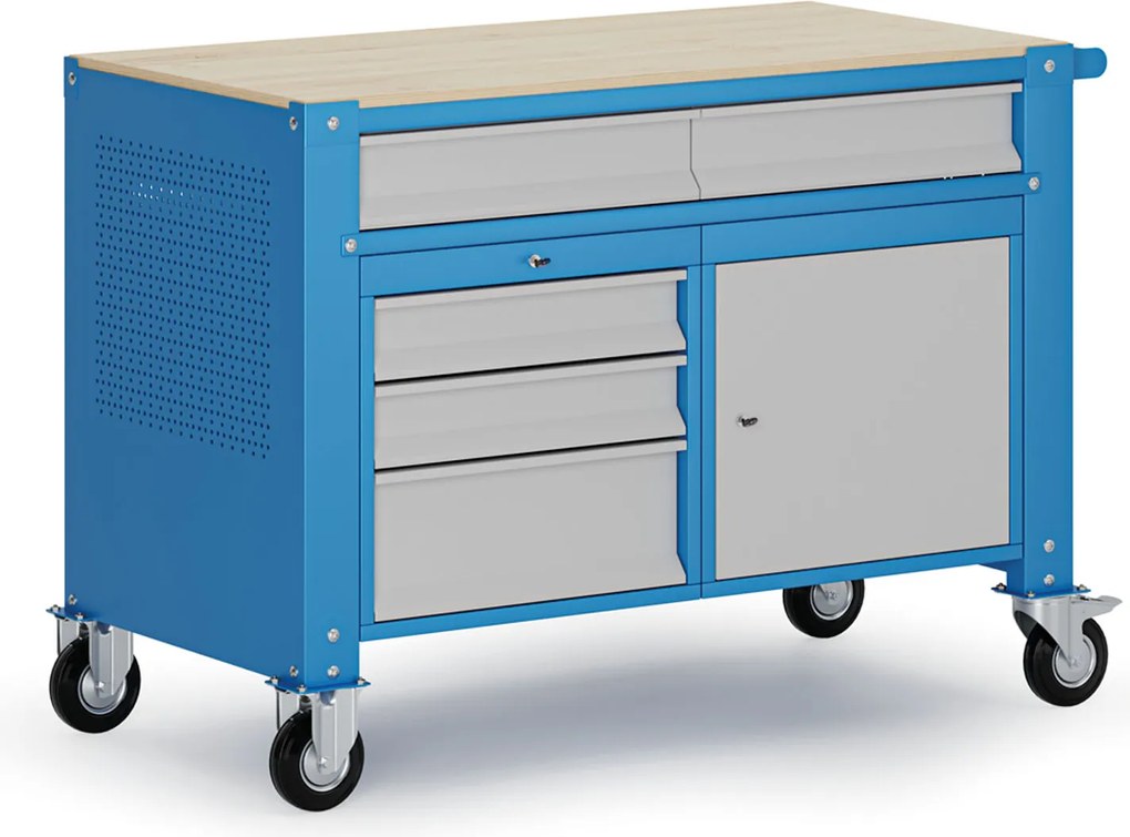 Mobilny stół warsztatowy G9, 1 szafka, 5 szuflad, 1180 x 595 x 865-1130 mm, szary/niebieski