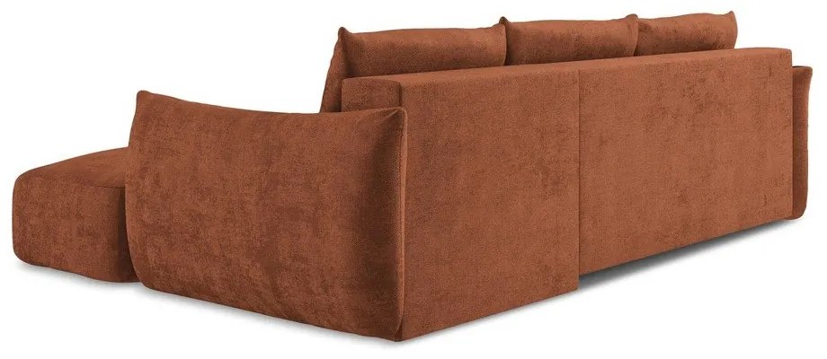 Rozkładany narożnik z tkaniny szenilowej (prawostronny/z szezlongiem) w kolorze terakoty Leila – Makamii