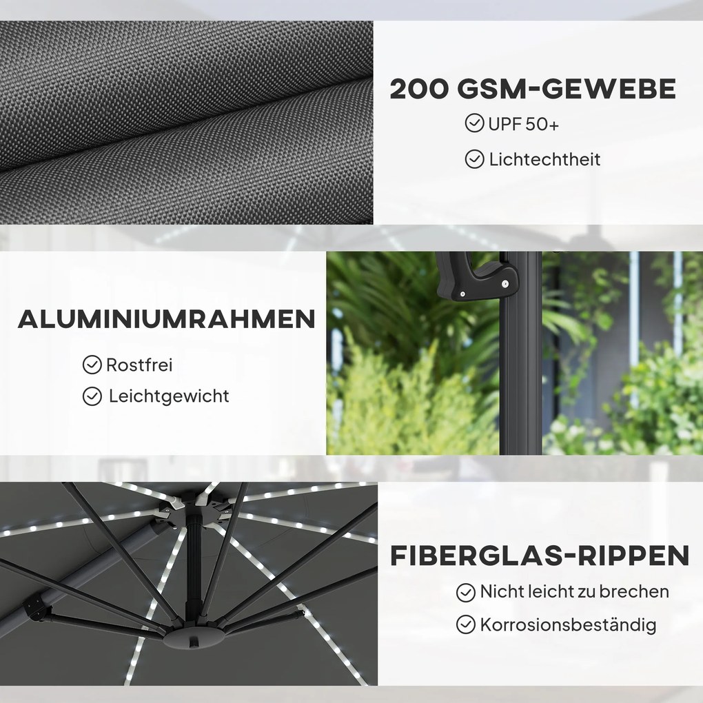Outsunny Aluminiowy Parasol Ogrodowy LED Solar Ø300 cm Regulowana Wysokość z Korbką UV50+ Ciemnoszary