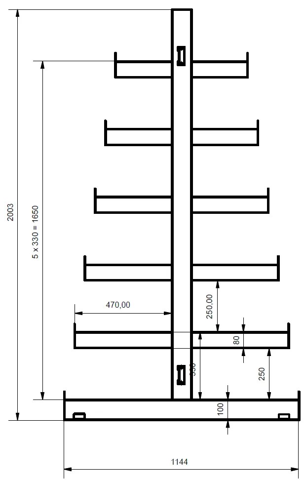 Regał wspornikowy dodatkowy, dwustronny, choinkowy, 2000 x 1330 x 1144 mm, 6 półek