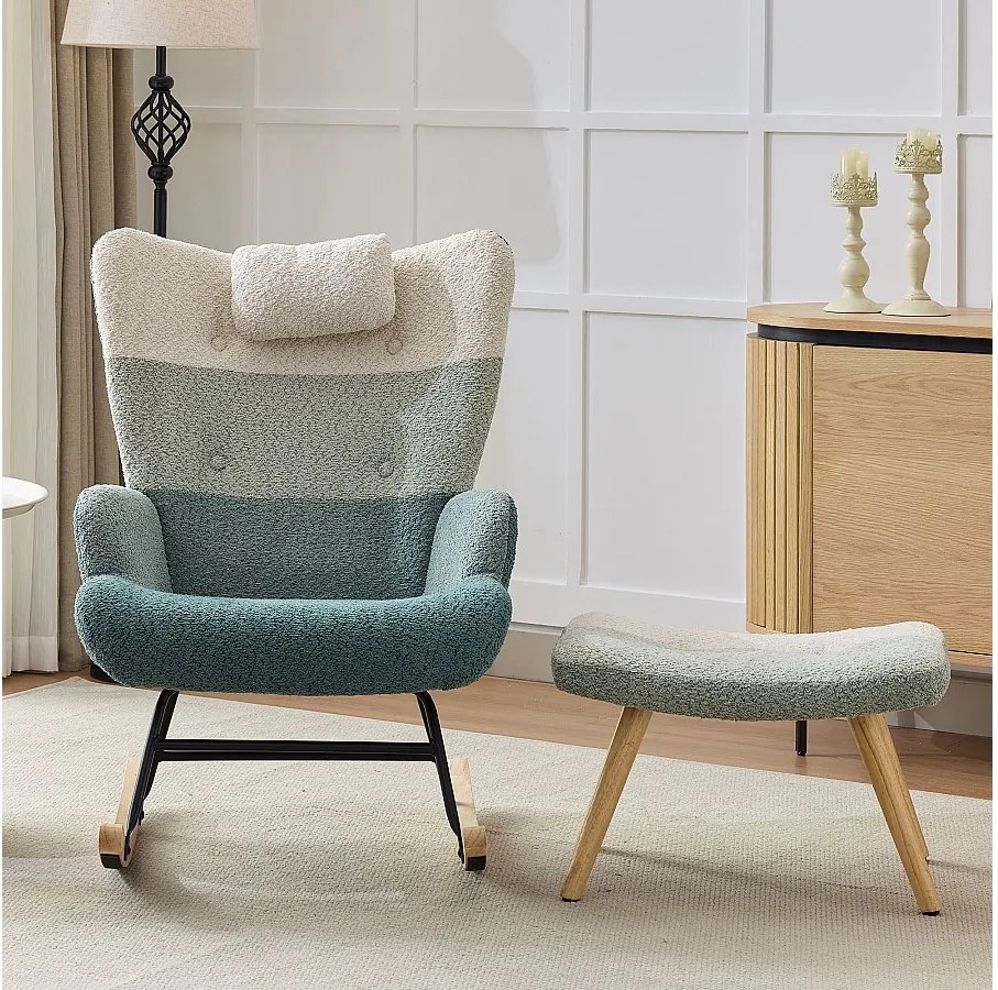 Fotel bujany z tkaniny Bouclé z podnóżkiem i zagłówkiem - 65,5 x 83 x 95 cm - wielokolorowy