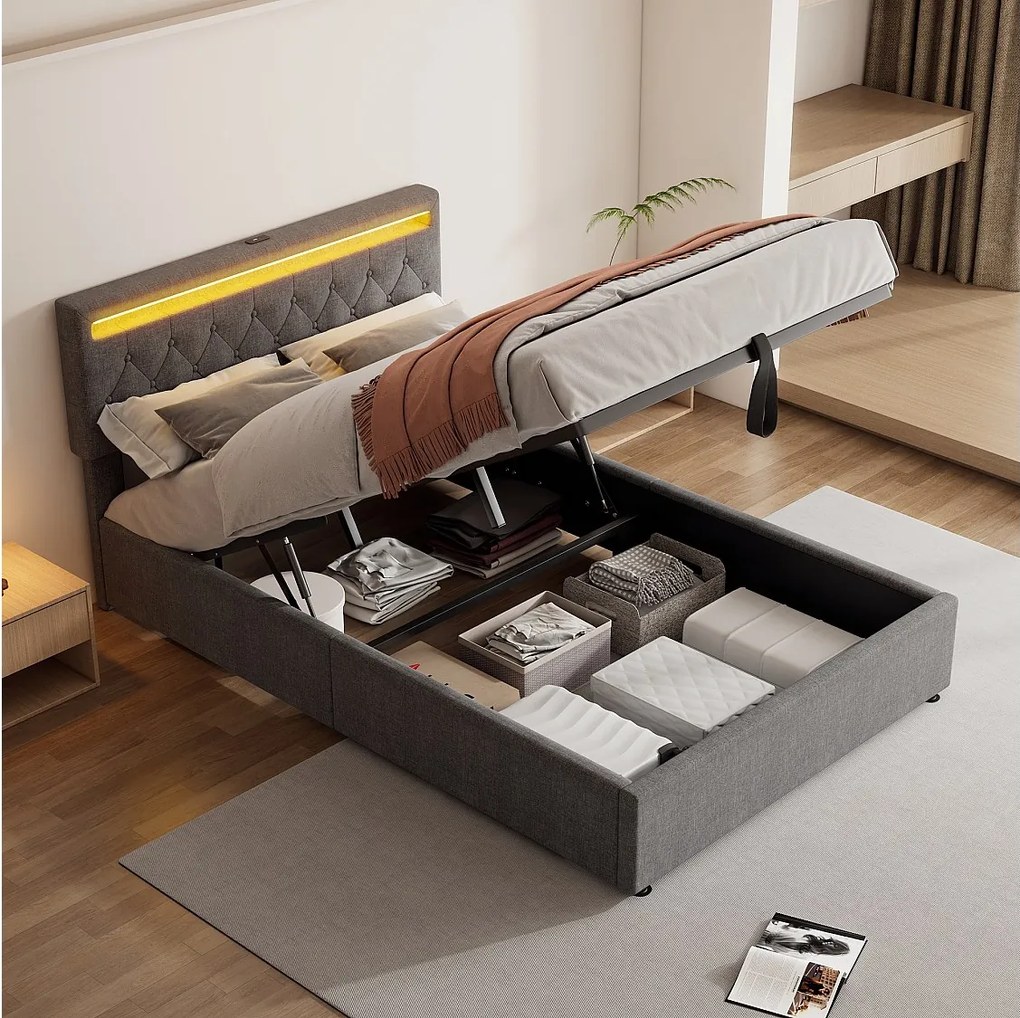 Łóżko ze schowkiem 140x200 cm - Szary len - łóżko dla nastolatków z oświetleniem LED i ładowaniem przez USB - bez podstawy