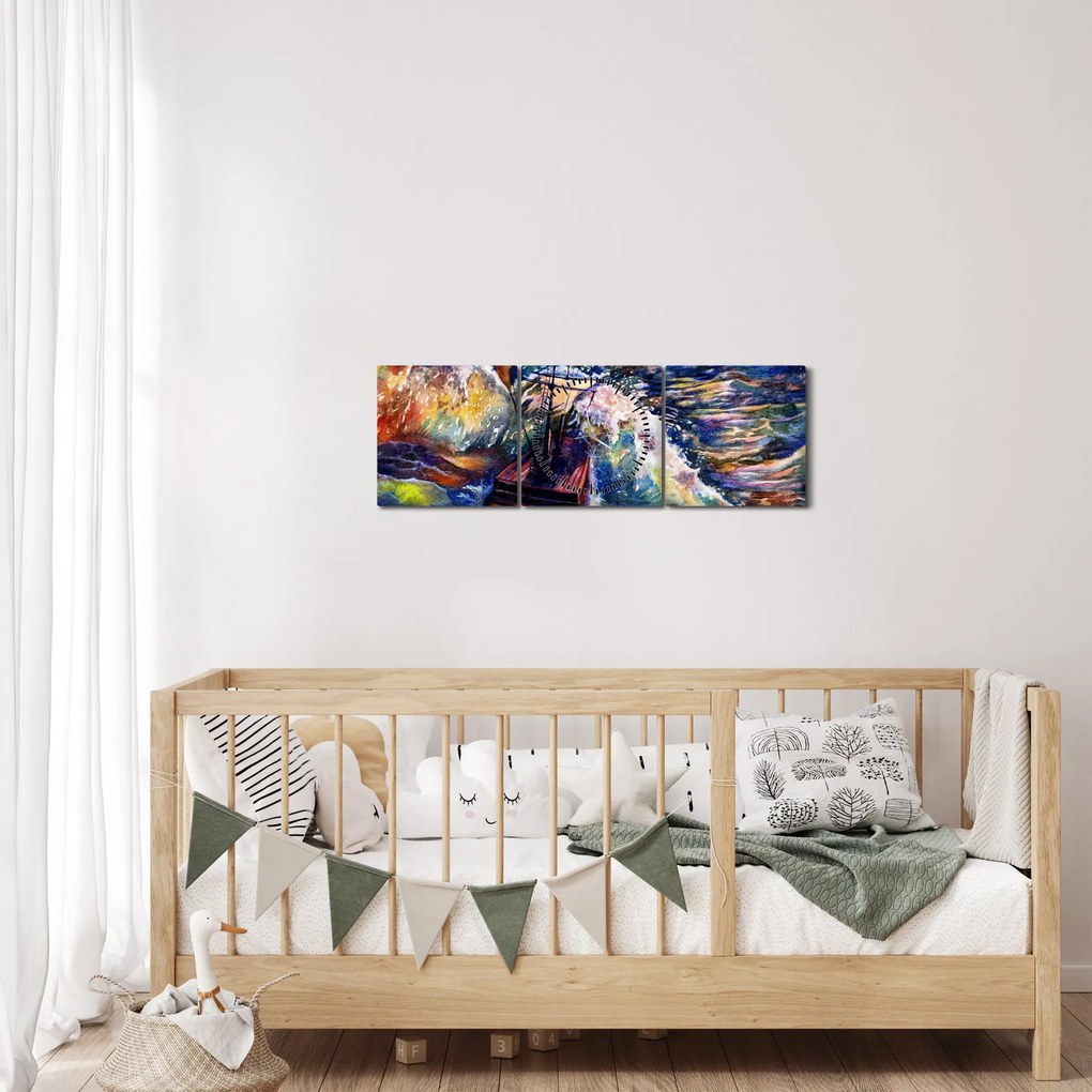 Obraz - Statek na falach oceanu, akwarela (z zegarem) (90x30 cm)