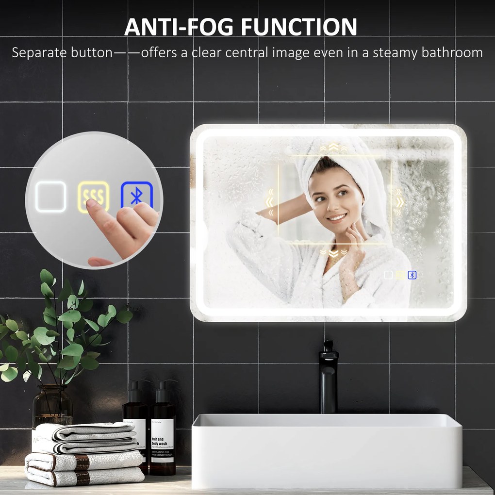 HOMCOM Lustro łazienkowe z oświetleniem LED, matą przeciwmgłową, 3 regulowanymi kolorami, 700 x 900 mm, Kolor srebrny