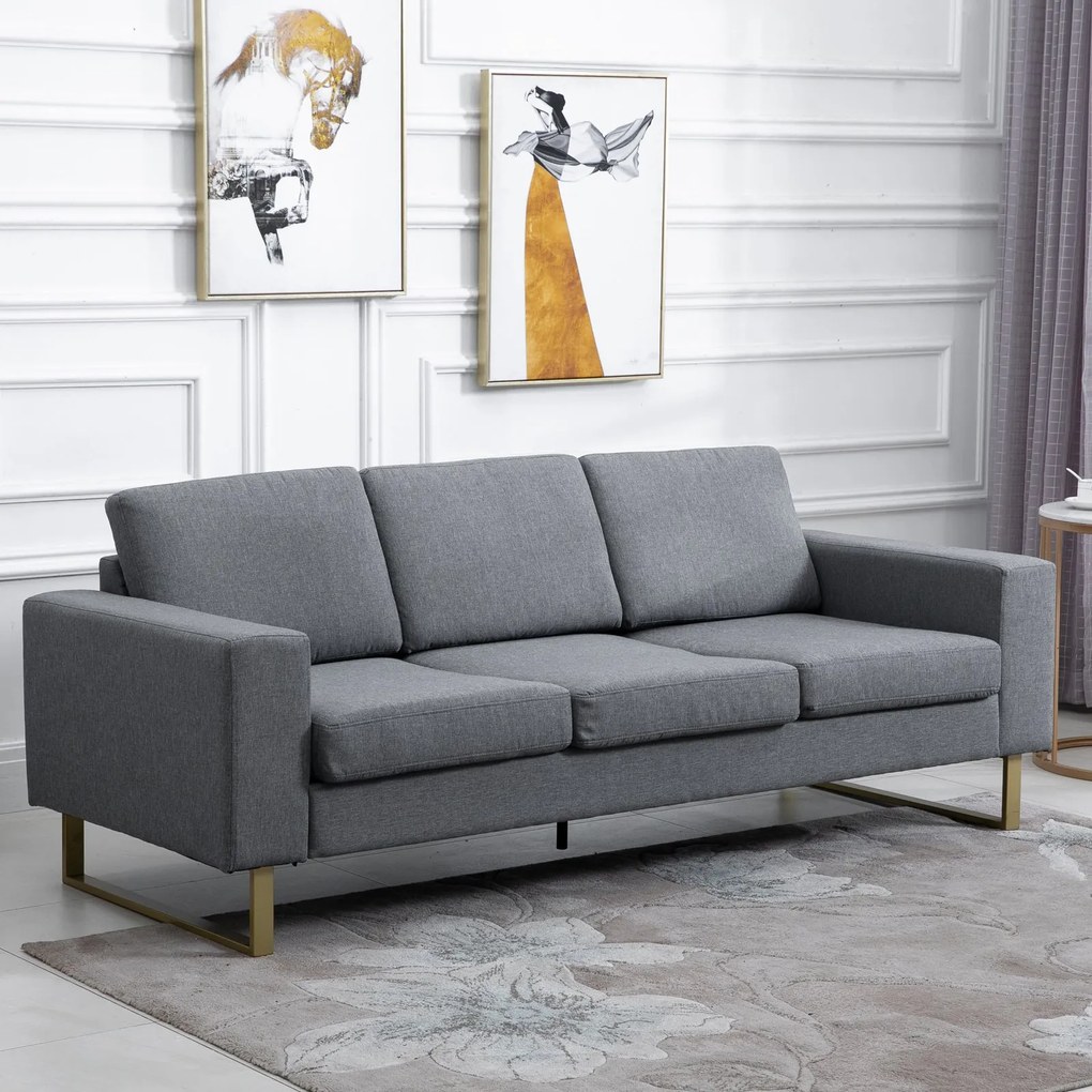 Homcom sofa 3-osobowa tapicerowana meble do siedzenia podłokietniki len ciemnoszary 200 x 82 x 78 cm | Aosom PL