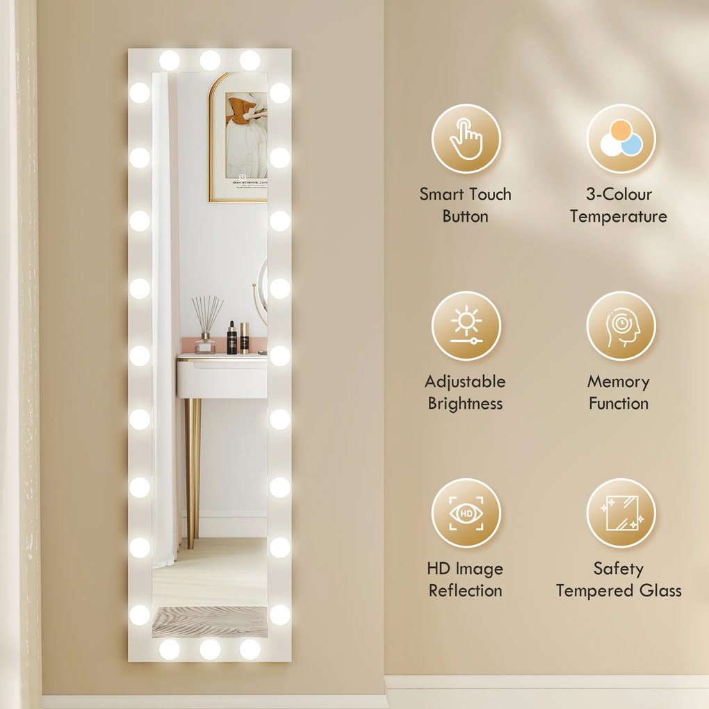 HOMCOM Lustro całopostaci 150x40 cm Lustro LED z 24 żarówkami 3 barwy światła, wolnostojące, do oparcia lub montażu na ścianie Biały | Aosom PL