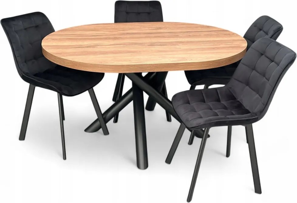 Stół owalny DĄB CHARLESTONE Egger + 4 Krzesła Czarne Velvet