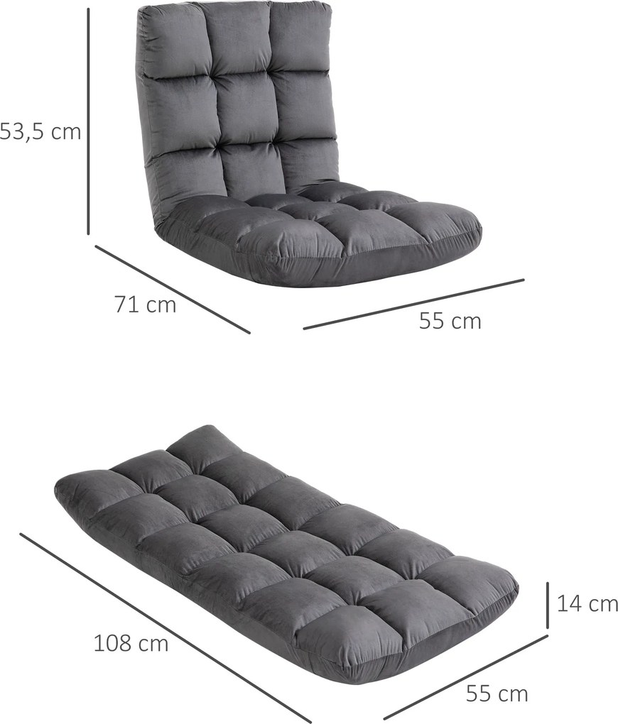 HOMCOM Fotel Materac Gościnny Welurowy Regulowane Oparcie Szary 55x71x53 5 cm Komfort i Styl | Aosom PL