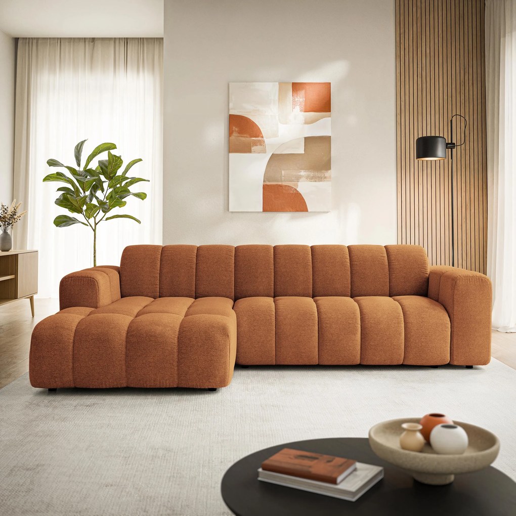 Masseno Narożnik SETIA Lewostronny L-Kształtny, Nowoczesna Sofa narożna, Tkanina Strukturalna - Miedziany, ARAGON 56