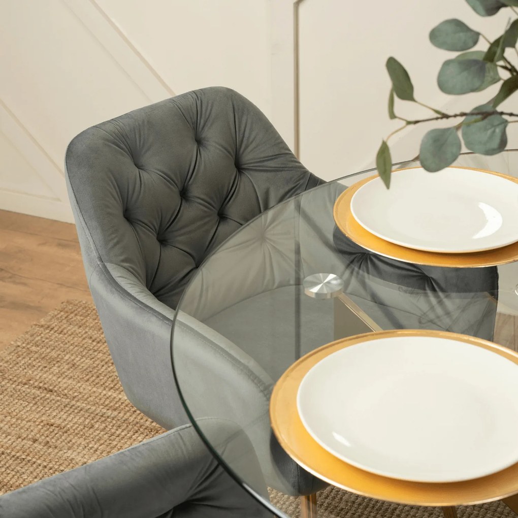 Zestaw Stół Okrągły SALLO 110 cm i 4 Krzesła Tapicerowane RAYA Szare Glamour