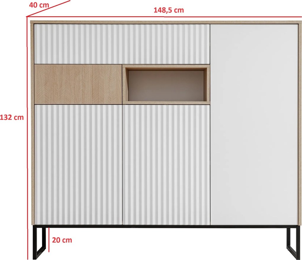 Komoda Bliwon 149 cm z szufladami - jodełka scandi / biały mat