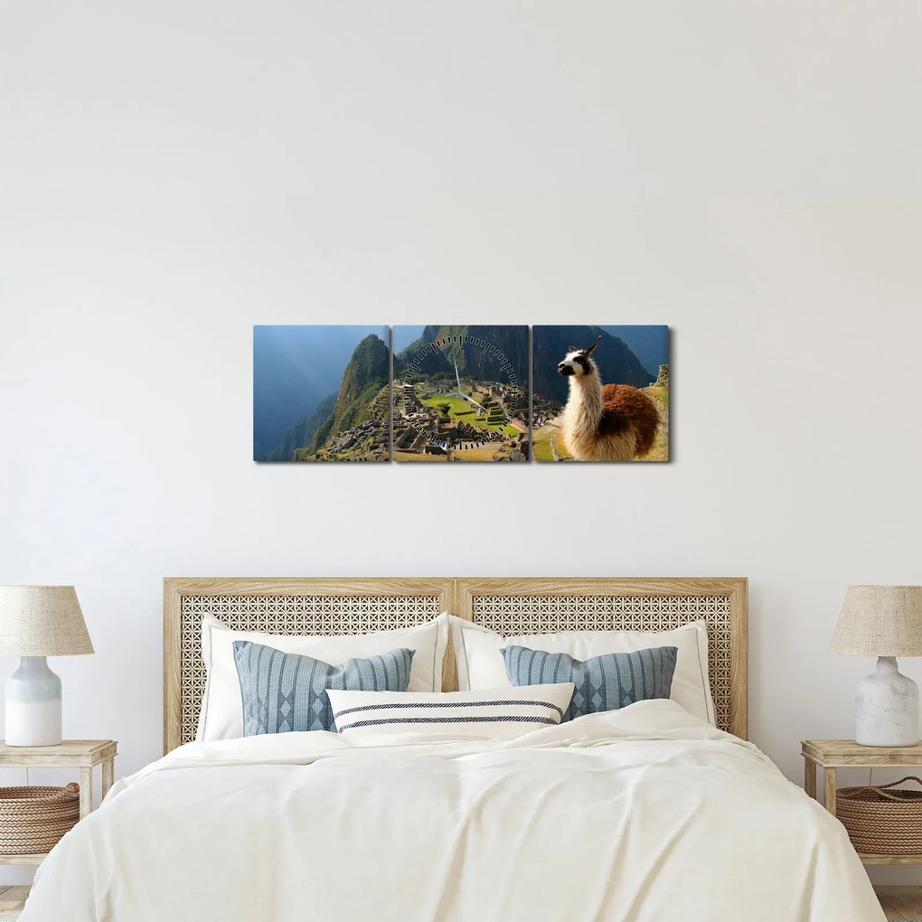 Obraz - Lama i Machu Picchu (z zegarem) (90x30 cm)