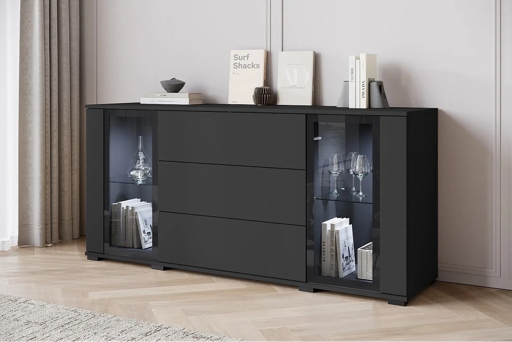 Komoda 150 cm do salonu z LED – nowoczesna witryna z przeszkleniami + szuflady, czarny mat