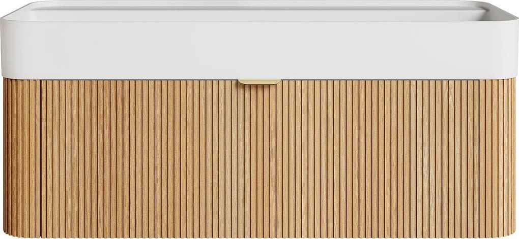 Wisząca szafka łazienkowa z prążkowanego drewna jesionowego z umywalką podblatową do zabudowy z żywicy w kolorze matowej bieli - Jasny naturalny - 100 cm - BULMAS