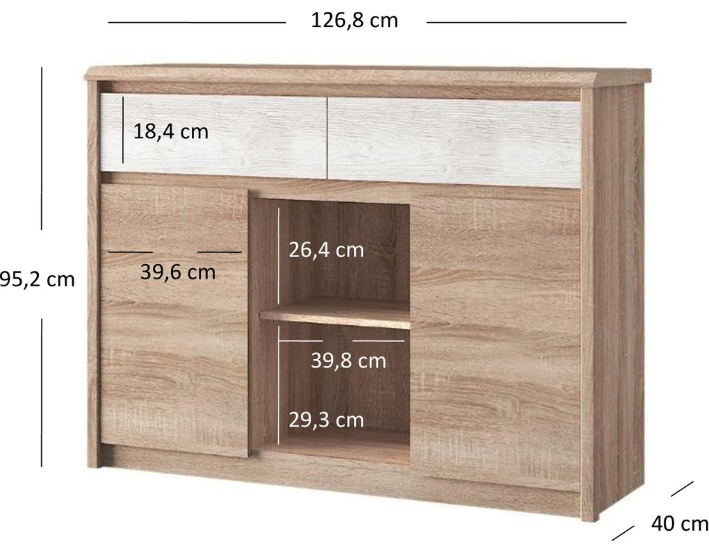 Komoda Dwudrzwiowa z Szufladami Drewniana do Sypialni MAURA 127 cm Dąb sonoma Loft
