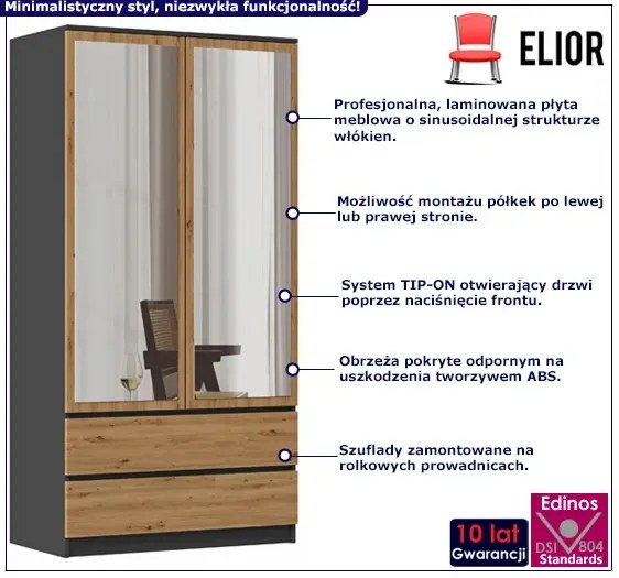 Industrialna Szafa Z Lustrem Antracyt + Dąb Artisan Tilda 6X