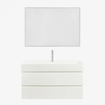 Zestaw Wiszących Mebli Łazienkowych Z Drewna I Forniru Jesionowego Zintegrowany Z Umywalką Ona Biała & Prostokątna - Sklum