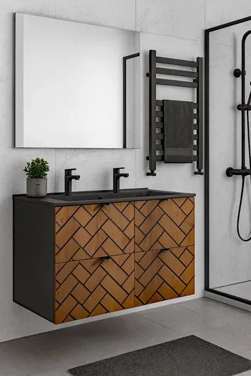 Wisząca szafka umywalkowa podwójna 120 cm czarny + dąb craft złoty P7-B13