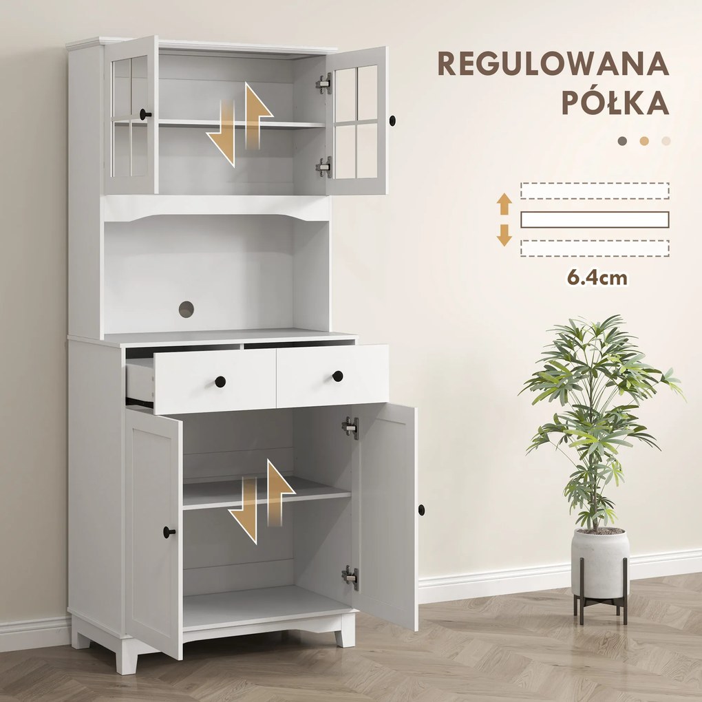 HOMCOM Biała szafka kuchenna wolnostojąca z blatem na mikrofalówkę i ekspres do kawy drzwi szklane | Aosom PL