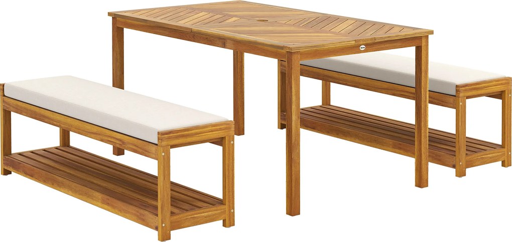 Outsunny Zestaw mebli ogrodowych 3 elem., Siedzisko z 1 stołem z otworem na parasol i 2 ławkami 150 x 85 x 75 cm Teak