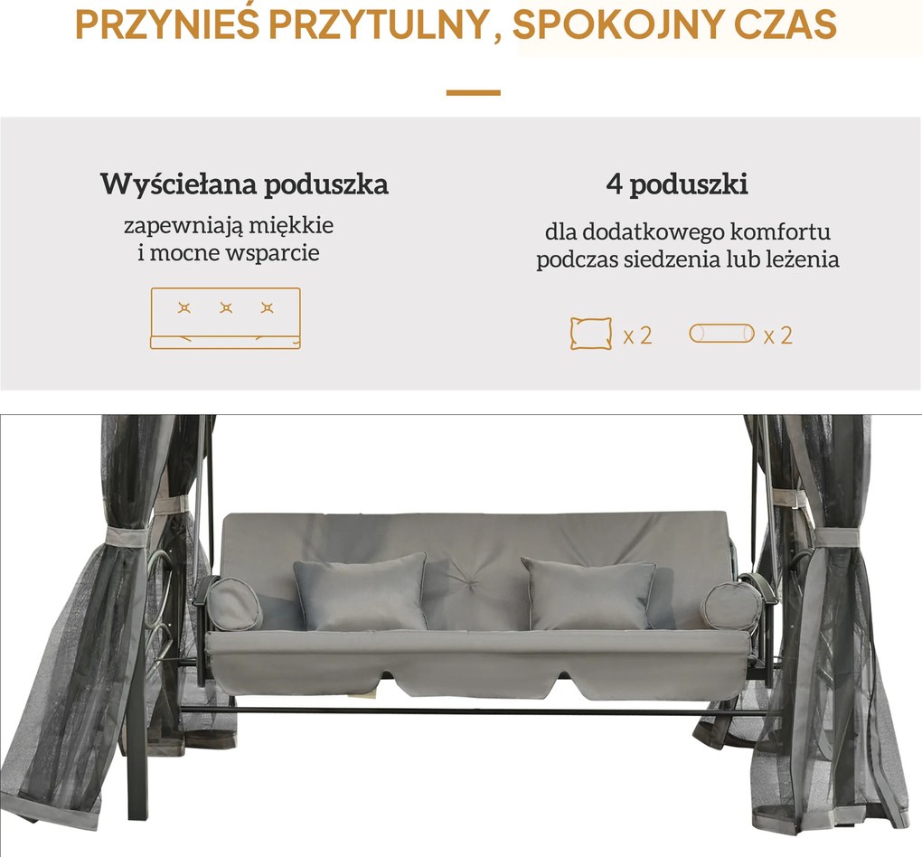 3osobowa huśtawka ogrodowa z dachem i ściankami bocznymi Funkcja odchylania Pawilon w kolorze beżowym | Aosom PL