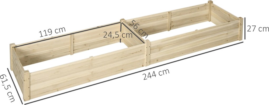 Outsunny Skrzynka na kwiaty z drewna naturalnego Duża sadzarka ogrodowa z 2 miejscami na warzywa 244x615x27cm | Aosom PL