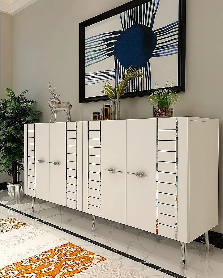 Komoda – 150 cm x 75 cm – Biało-srebrna – Płyta wiórowa