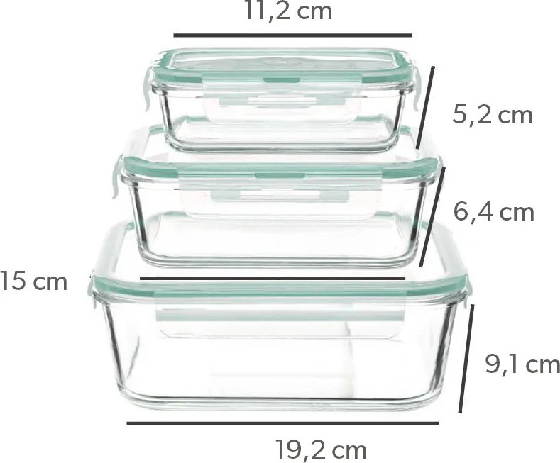 Zestaw szklanych pojemników na żywność 330 ml, 800 ml, 2220 ml, CLIP