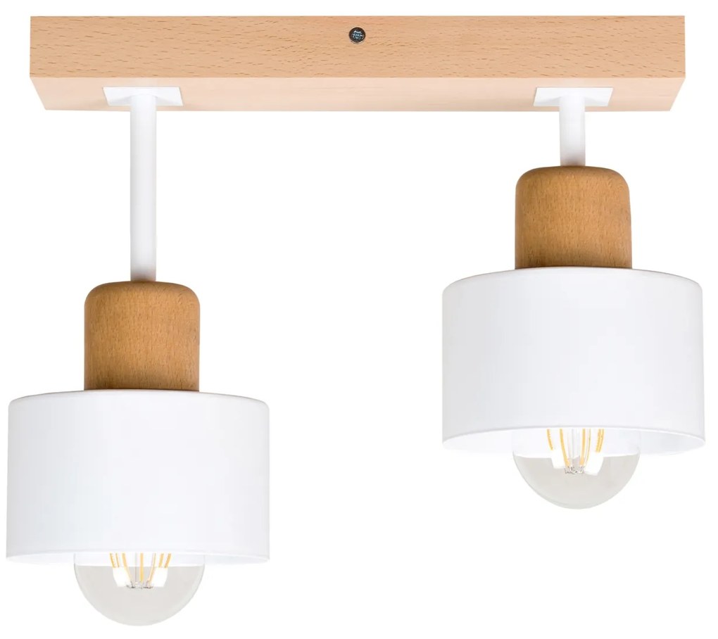 Biała lampa sufitowa, dwupunktowy spot DWE30x7BU z drewna i metalu E27