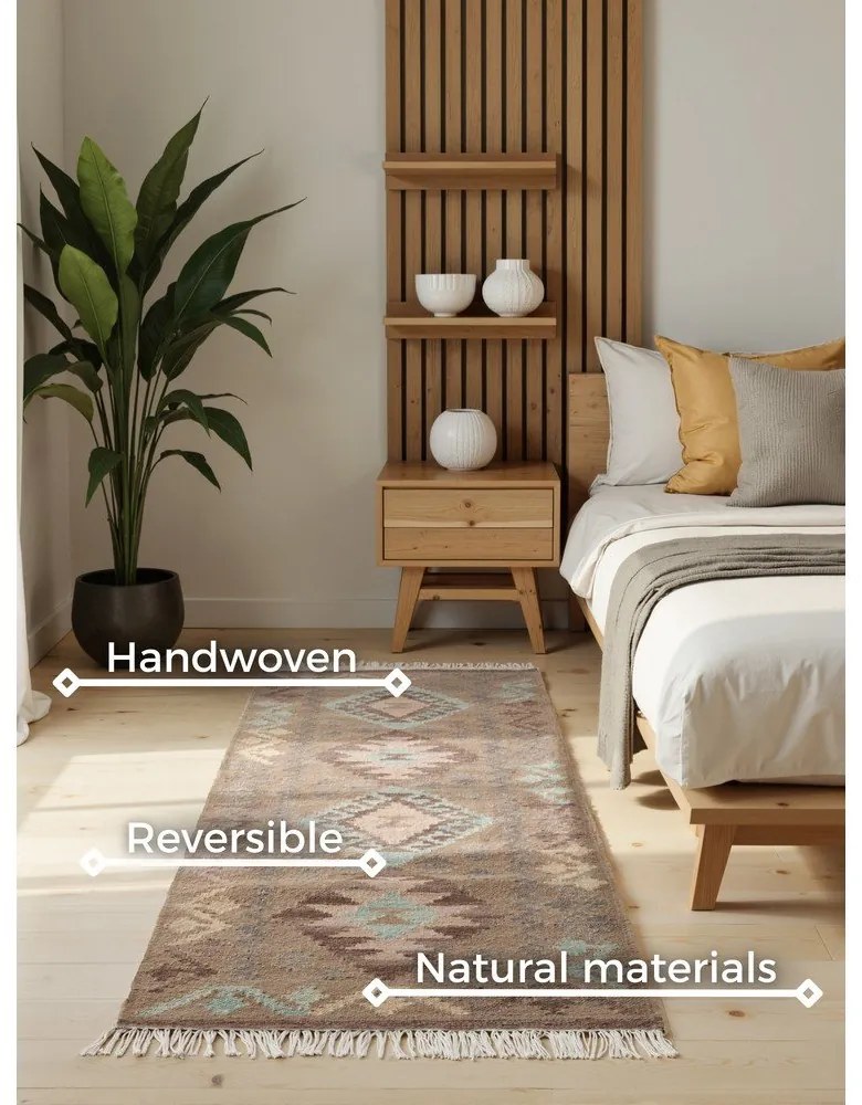 Jasnoniebiesko-beżowy wełniany chodnik dwustronny tkany ręcznie 60x190 cm Kamal Dune – Nouristan