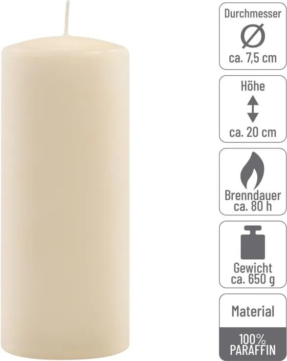 Zestaw świec słupkowych, 20 cm, Ø 7,5 cm, kremowy, 6 sztuk.