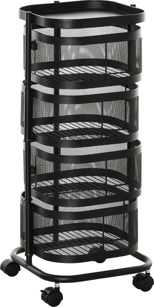 HOMCOM Wózek kuchenny z 4 poziomami, kosze z siatki, górna półka, obrotowe kółka, czarny | Aosom PL