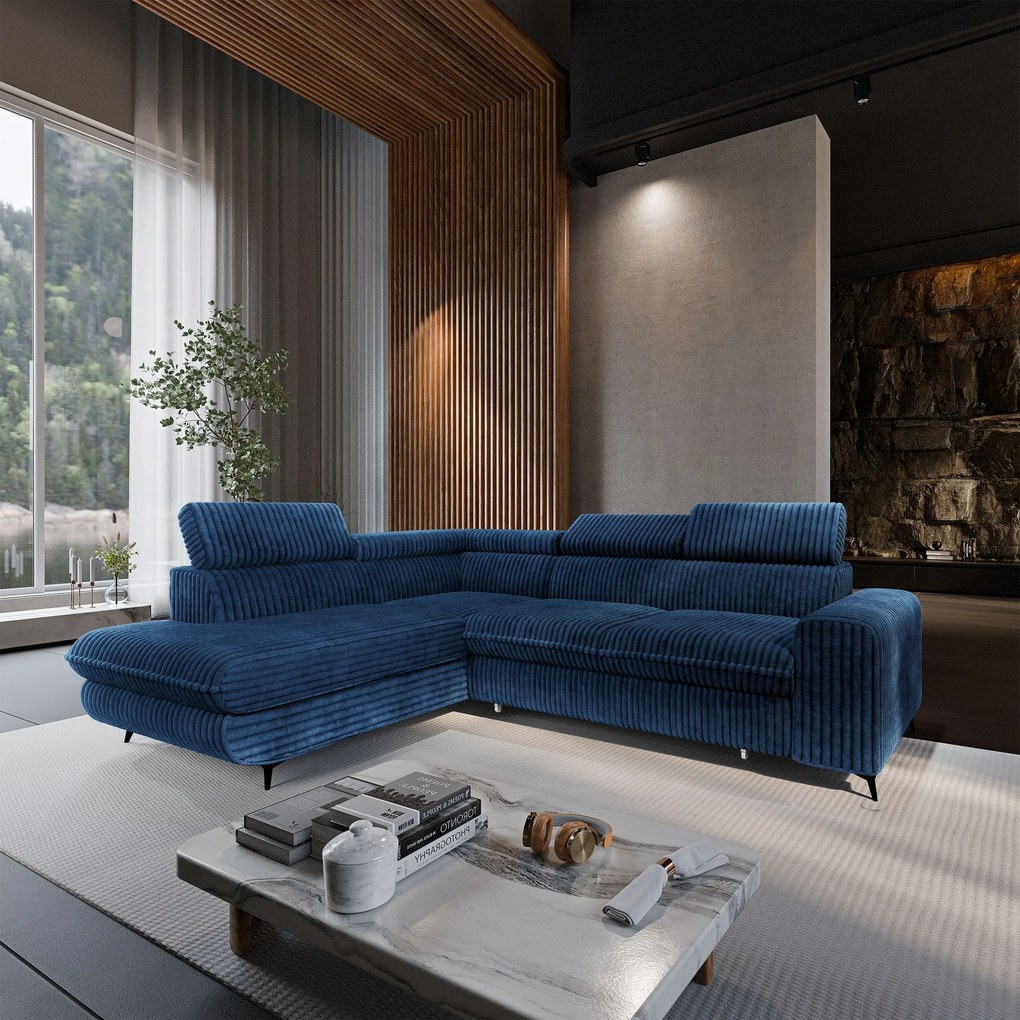Masseno Narożnik VELISS z funkcją spania i pojemnikiem na pościel Rozkładana sofa do Salonu - Niebieski, TILIA 77