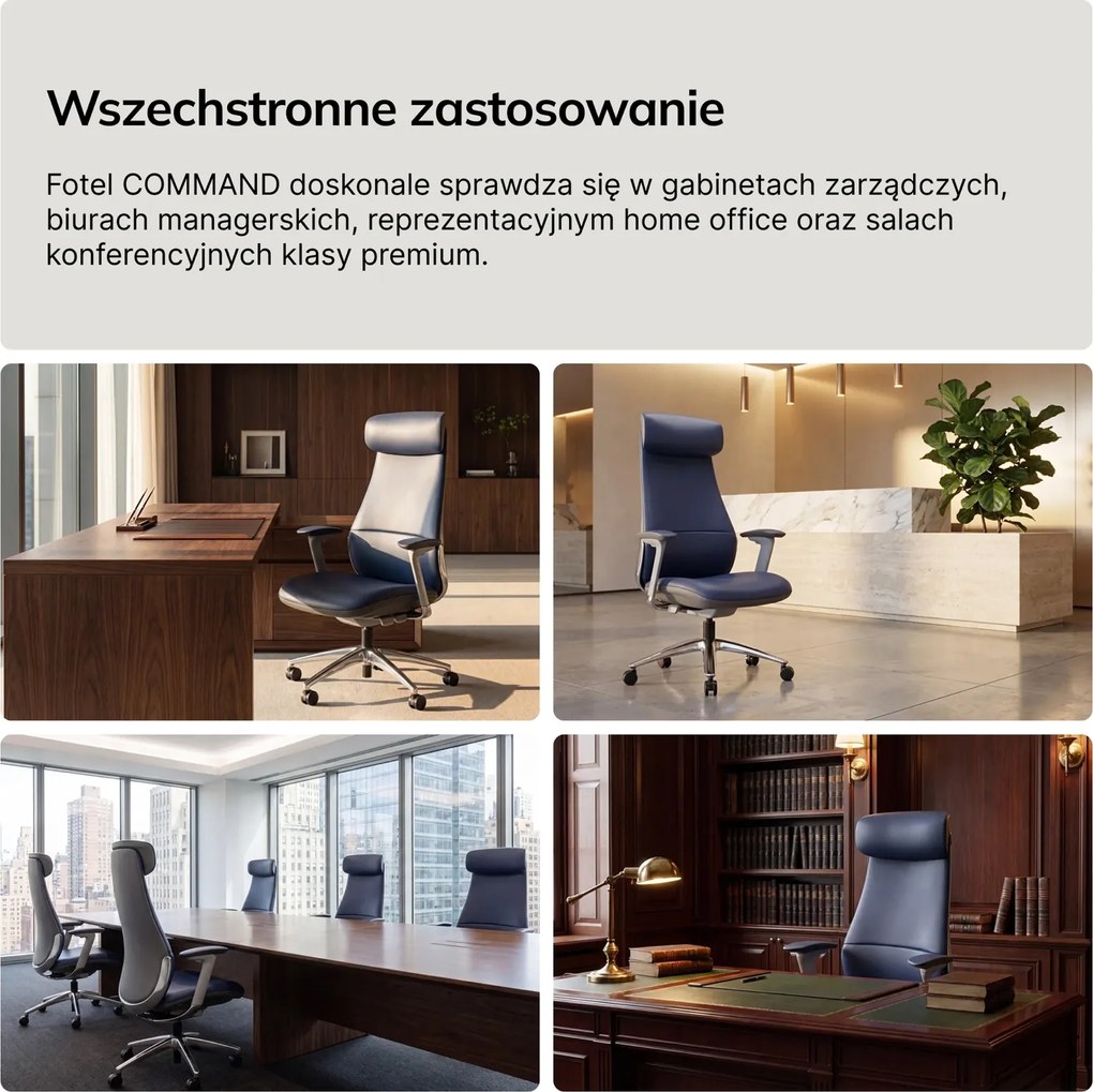 Fotel biurowy skórzany Command, kolor niebieski