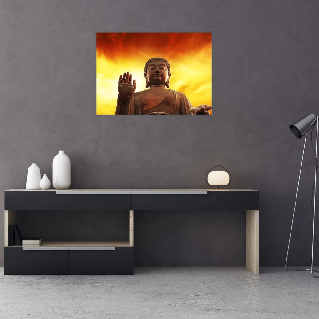 Obraz na szkle - Budda z czerwonym i żółtym tłem (70x50 cm)