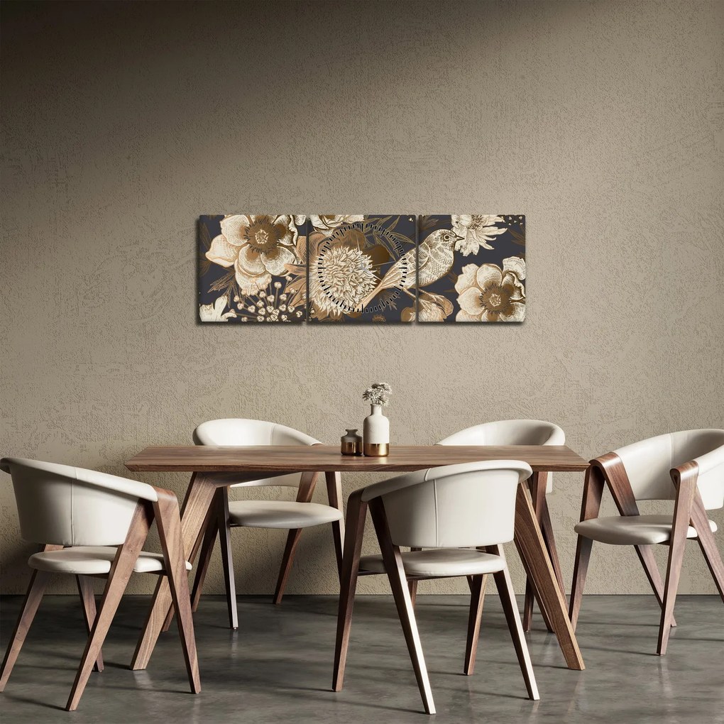 Obraz złotych kwiatów na ciemnym tle (z zegarem) (90x30 cm)