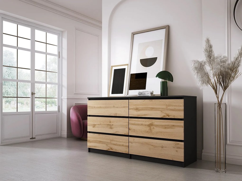 Komoda z 6 szufladami: czarny matowy / dąb wotan, 138 x 39 x 79 cm