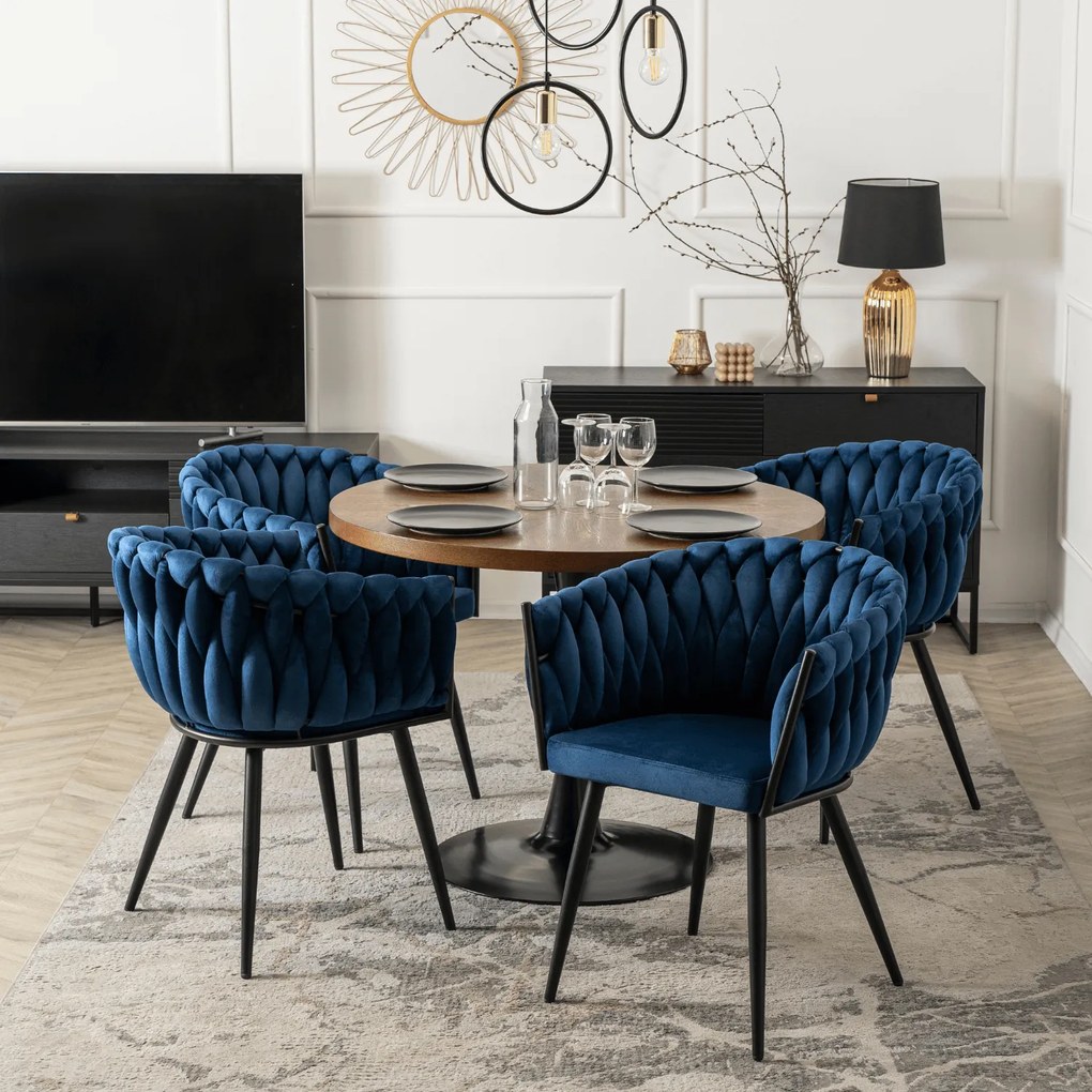 Krzesło Tapicerowane Plecione do Salonu ELENA Granatowe Welurowe Nowoczesne Loft