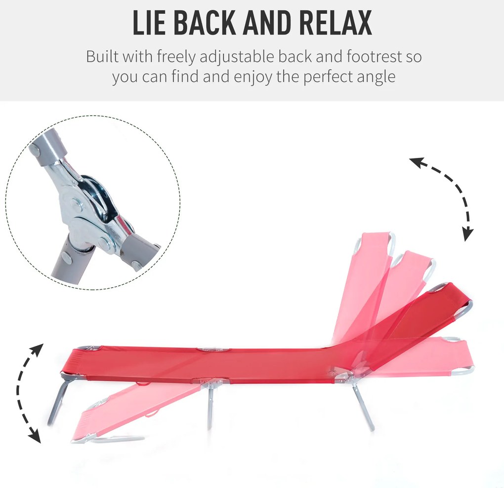 Outsunny Leżak Ogrodowy Składany z Regulowanym Oparciem, Stelaż Odporny na Rdzę, 187 x 55 x 24, Czerwony