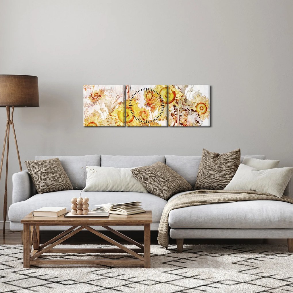 Obraz - Słoneczniki, malarstwo (z zegarem) (90x30 cm)