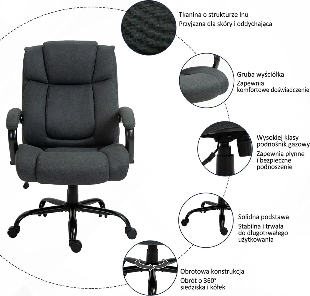 Vinsetto Fotel biurowy, Ergonomiczny fotel biurowy, Fotel obrotowy z wyściełanym podłokietnikiem, do 220 kg, Szary
