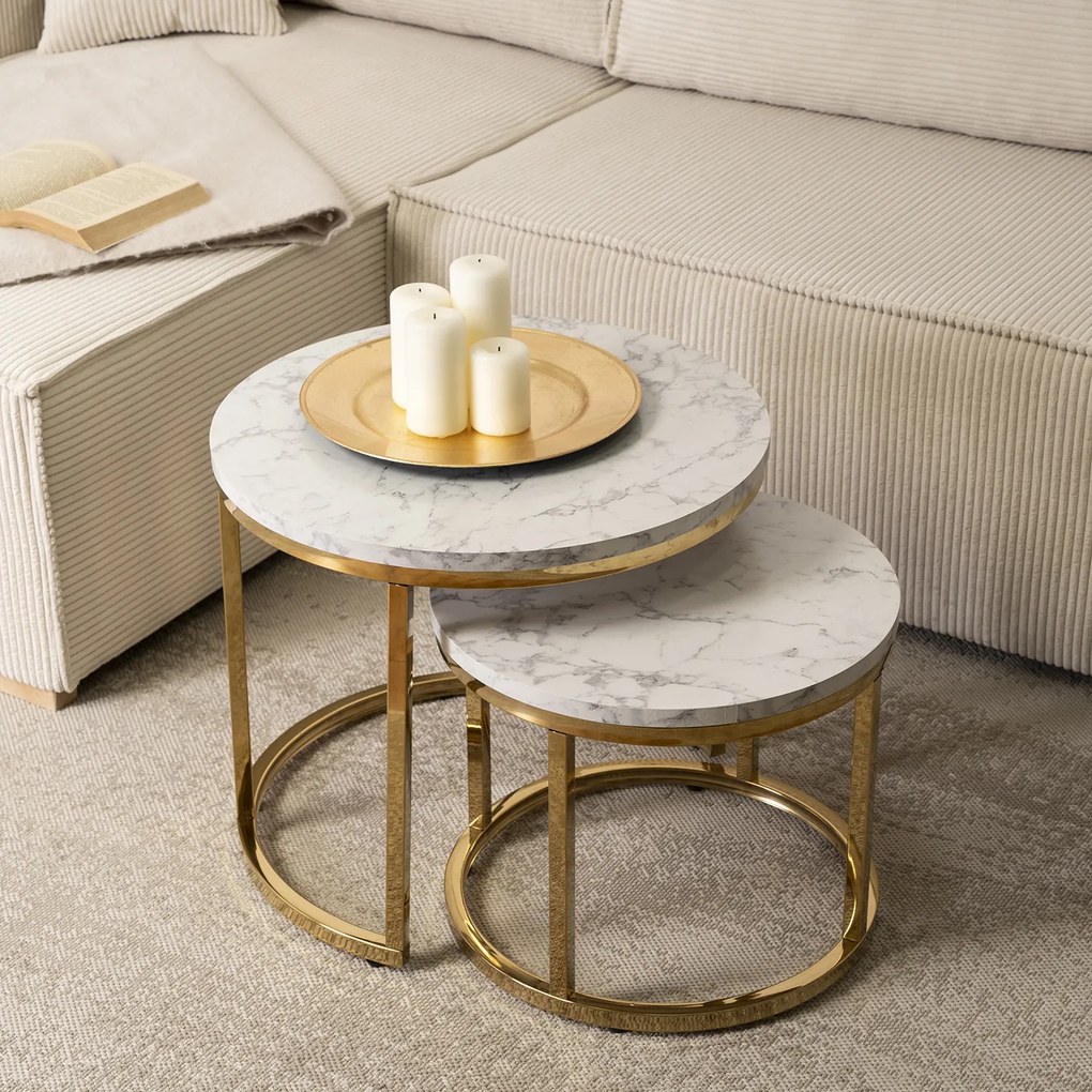 Zestaw Stolików Kawowych OLIS 43 cm/53 cm Biały Marmur Złoty do Salonu Glamour