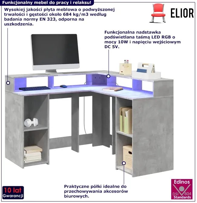 Narożne biurko komputerowe z LED szarość betonu - Relond